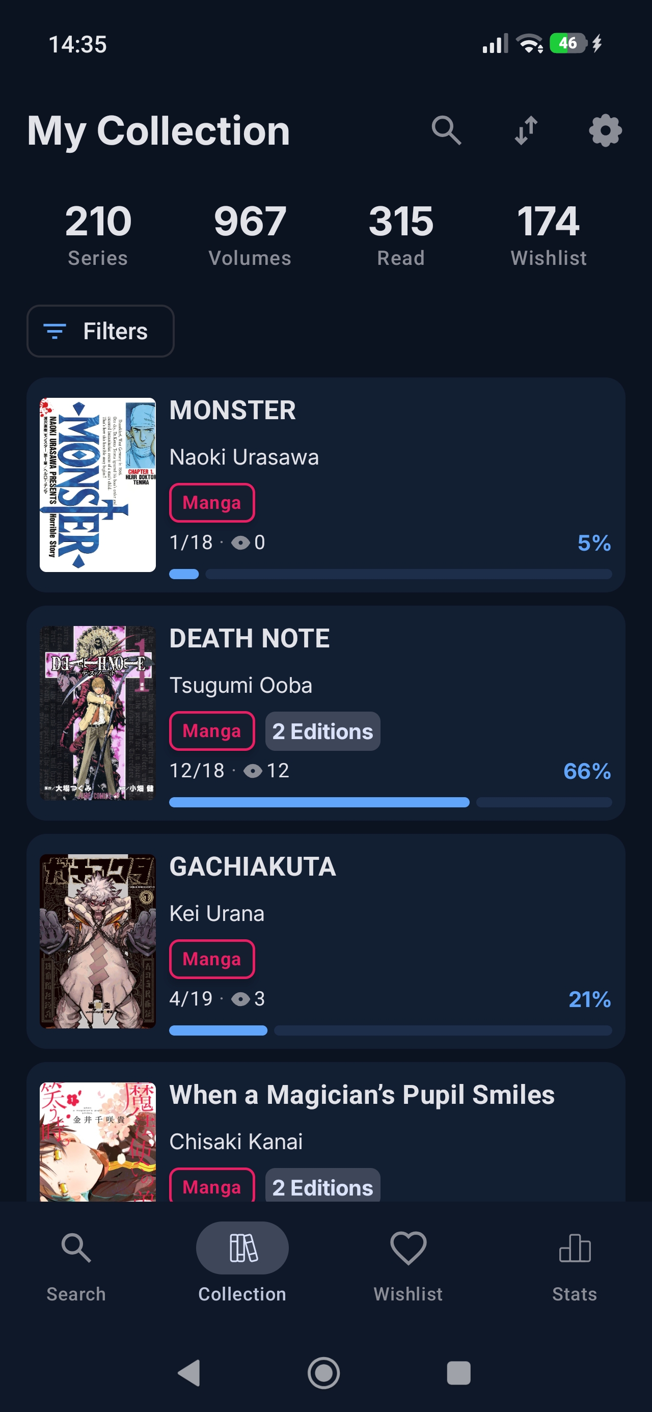 My Collection in MangaShelf: 210 series, 967 volumes with progress bars