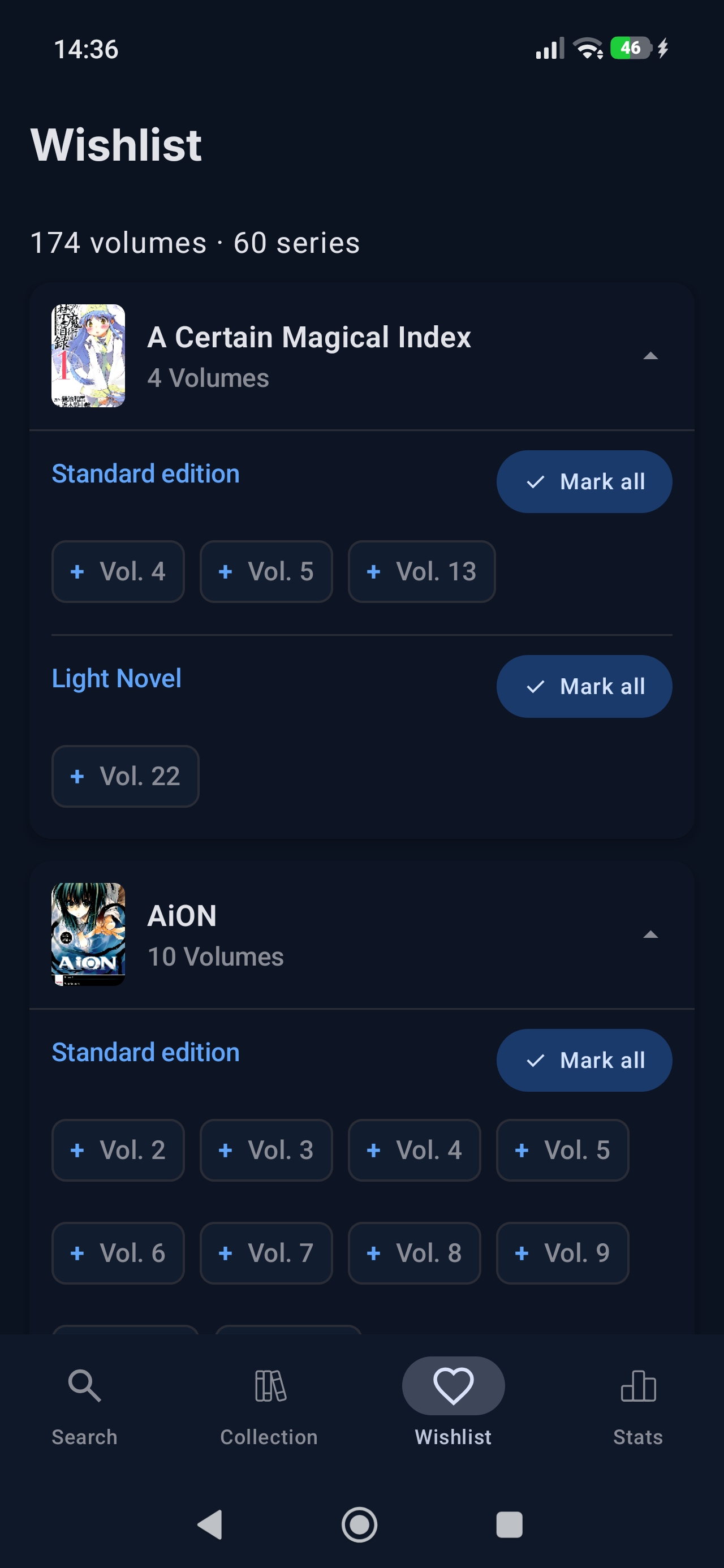 Wishlist grouped by edition with mark-all buttons